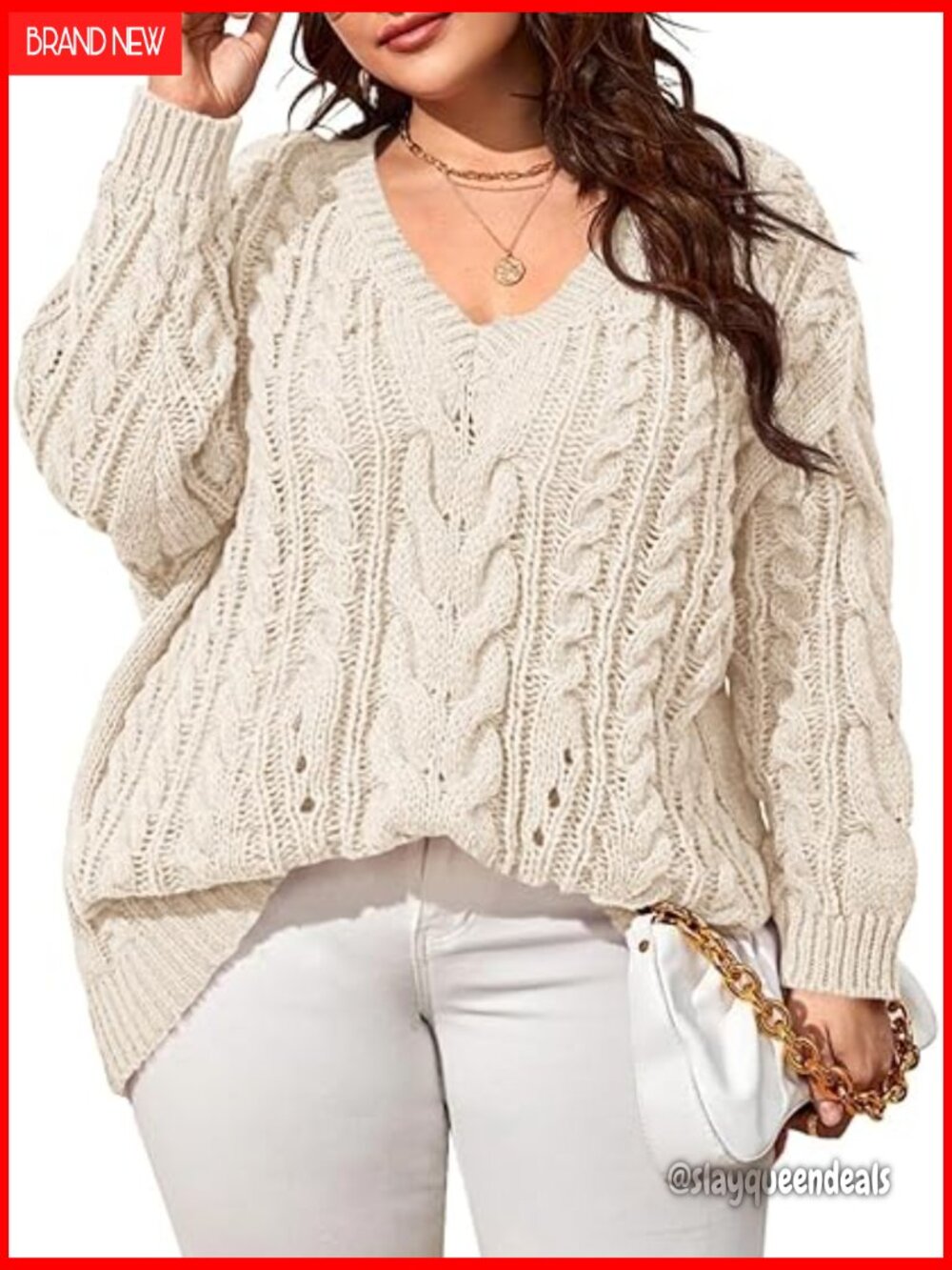 Plus Size V Neck Cable Knit Sweater Long Sleeve Pullover Chunky Soft Jumper